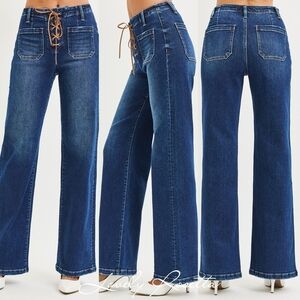 Women's Blue Wide Leg Front Tie Detail Jeans